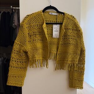 Zara Yellow Crochet Fringe Sweater